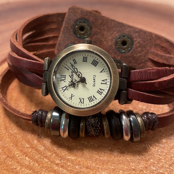 Double leather watch with beads. Adjustable for smaller & larger wrist. - Picture 2 of 4
